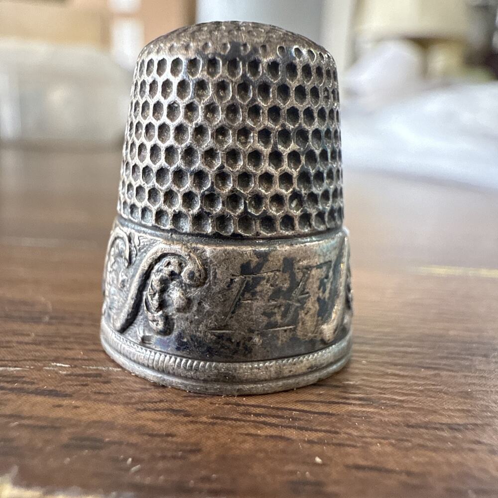 Antique Sterling Silver Sewing Thimble Monogrammed FF Size 8